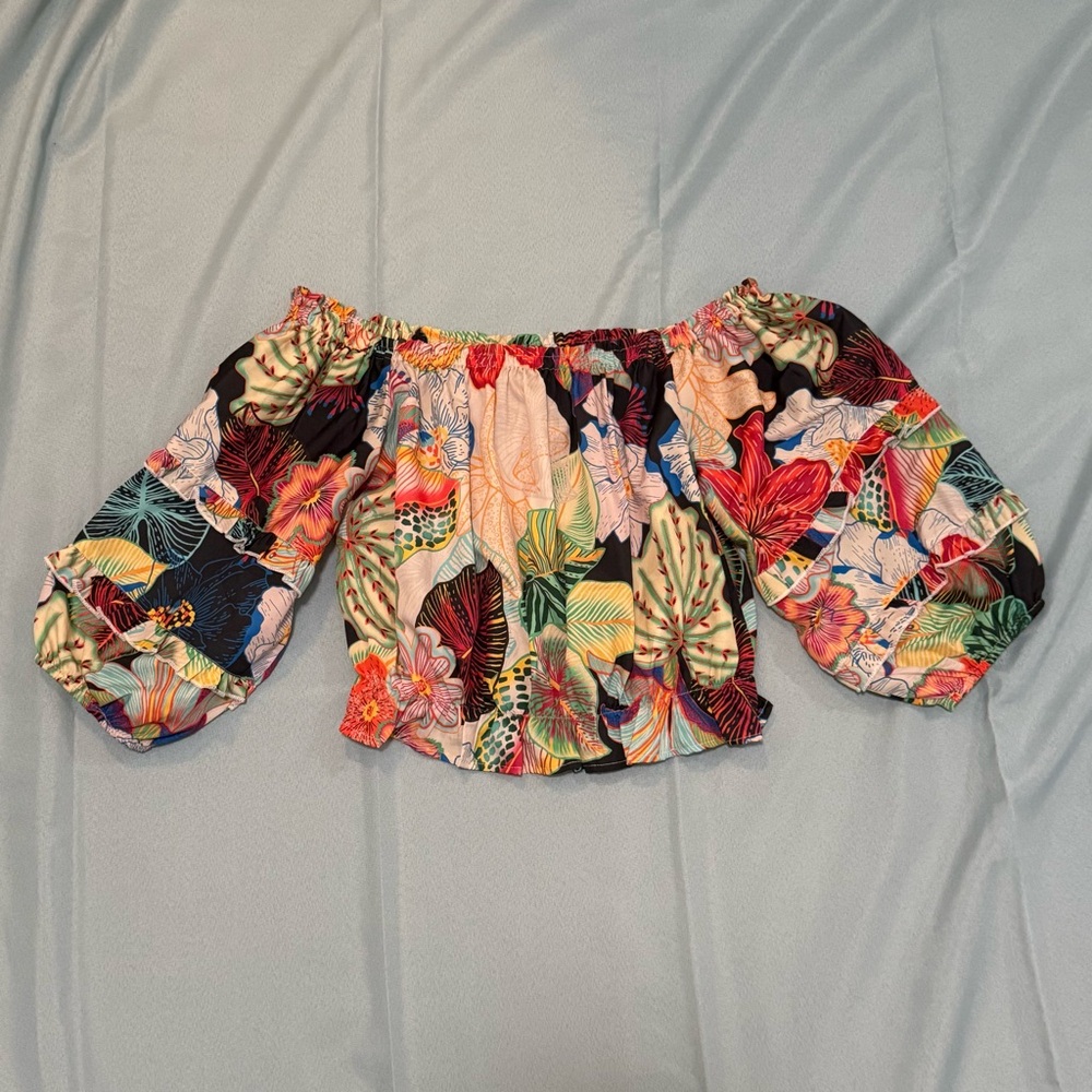 Rachel Zoe Multicolor Tropical Off the Shoulder 3/4 Sleeve Ruffle Crop Blouse